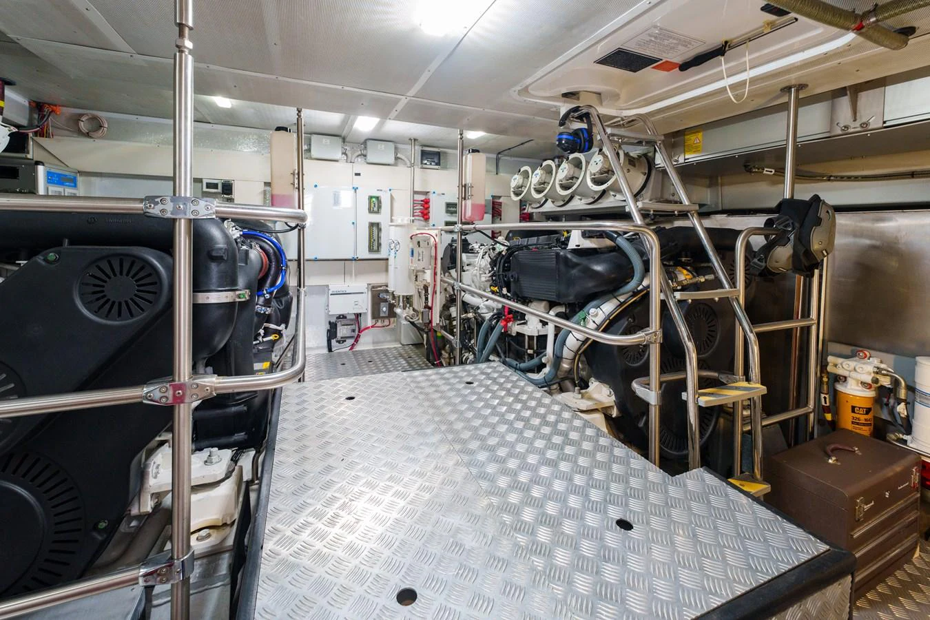 The image showcases the well-maintained engine room of the yacht, highlighting its mechanical components and systems. aboard FANTASEA Yacht for Sale