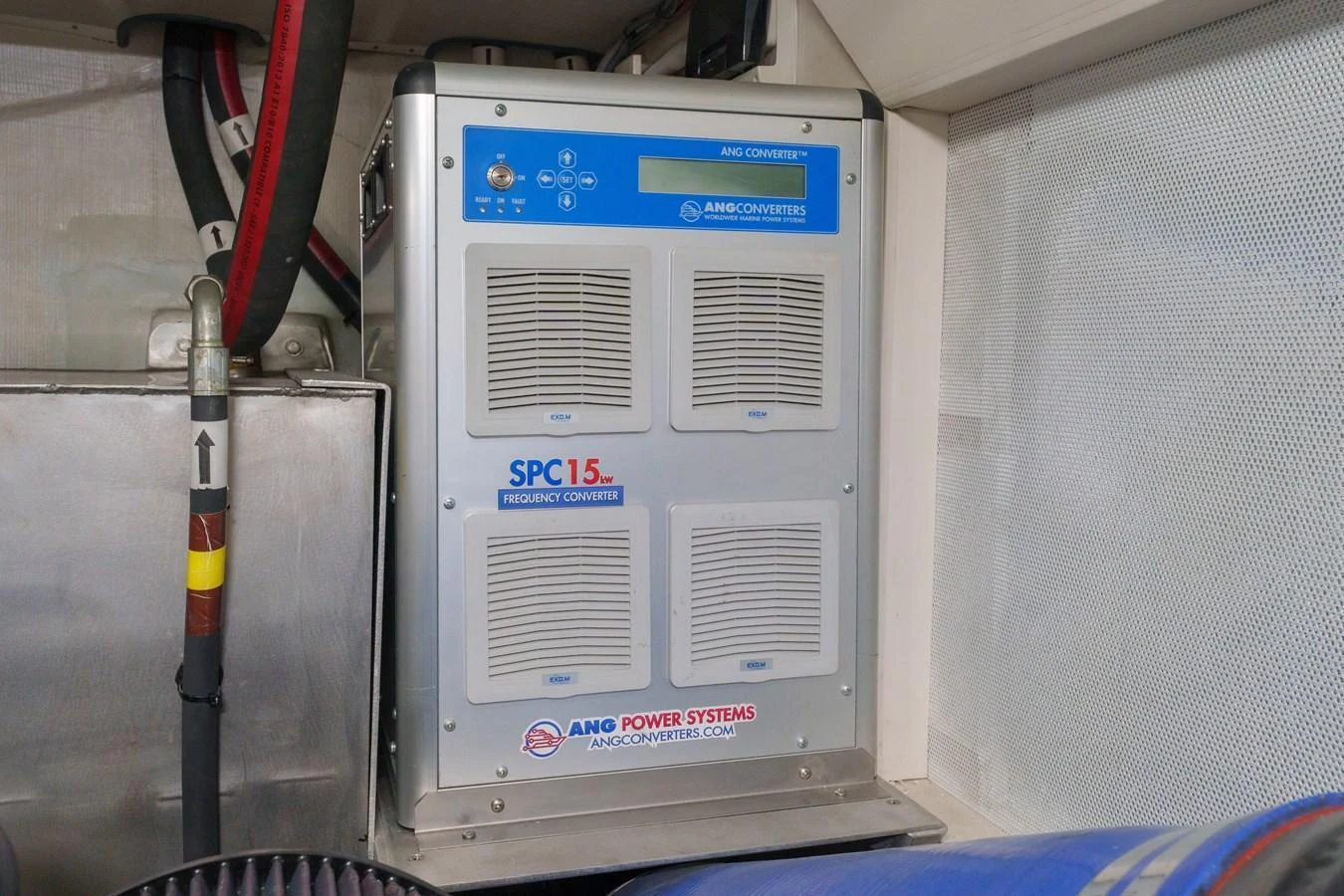 The image showcases a frequency converter unit in the yacht's engine room. aboard FANTASEA Yacht for Sale