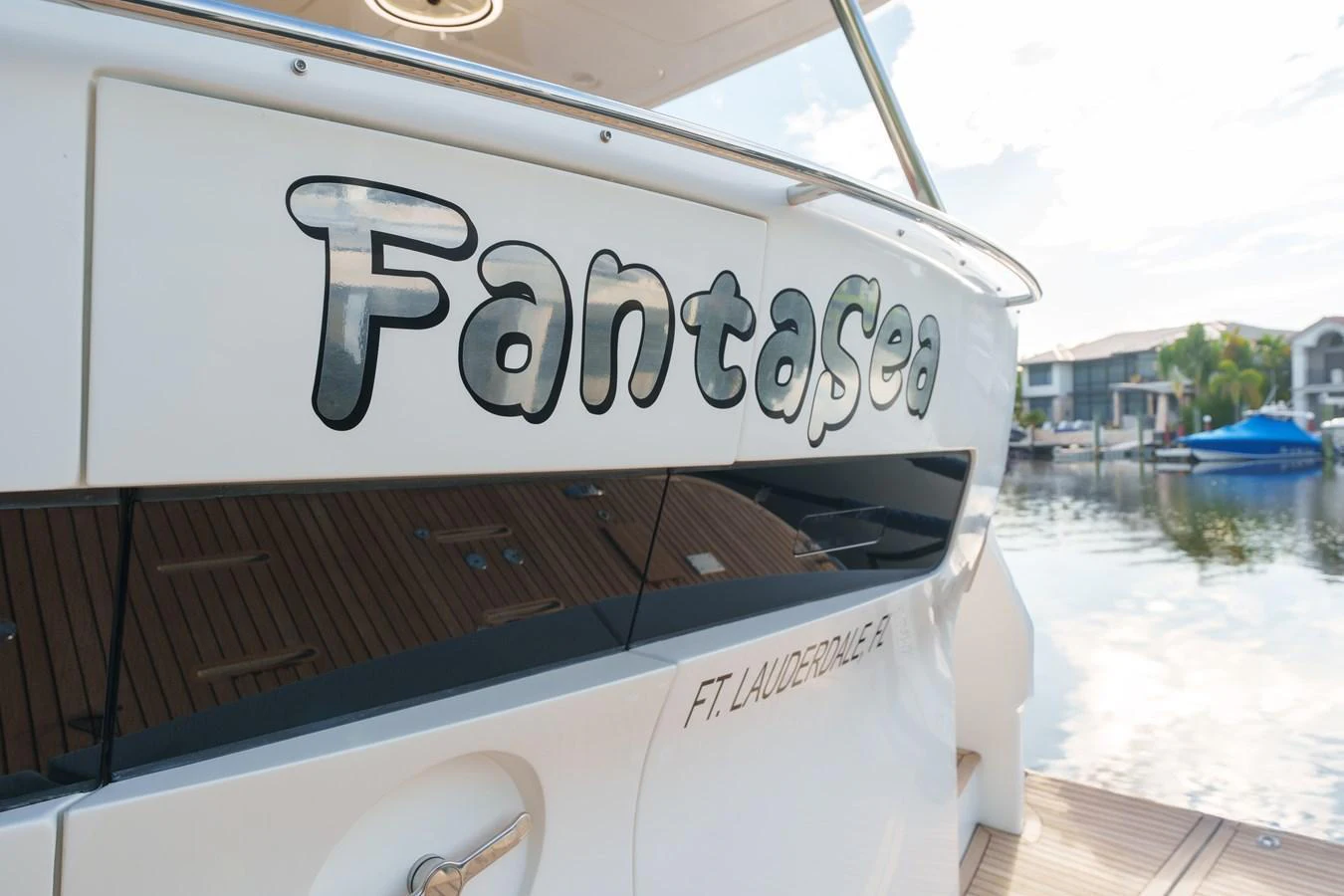 The image showcases the yacht's name and part of the stern, highlighting its home port. aboard FANTASEA Yacht for Sale