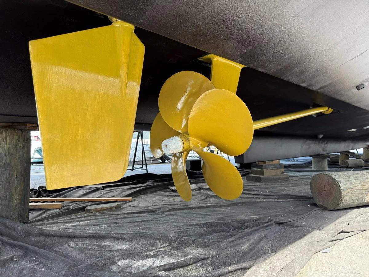 A close-up view of the yacht's propeller and rudder system, showcasing its engineering and maintenance. aboard FANTASEA Yacht for Sale