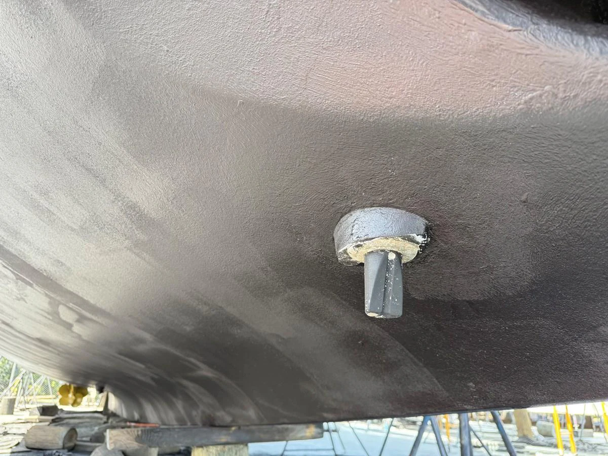 A close-up view of the yacht's hull, showcasing a component of the underwater hardware. aboard FANTASEA Yacht for Sale