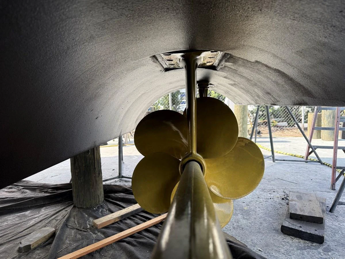 A close-up view of the yacht's propeller and shaft, showcasing the engineering and craftsmanship. aboard FANTASEA Yacht for Sale