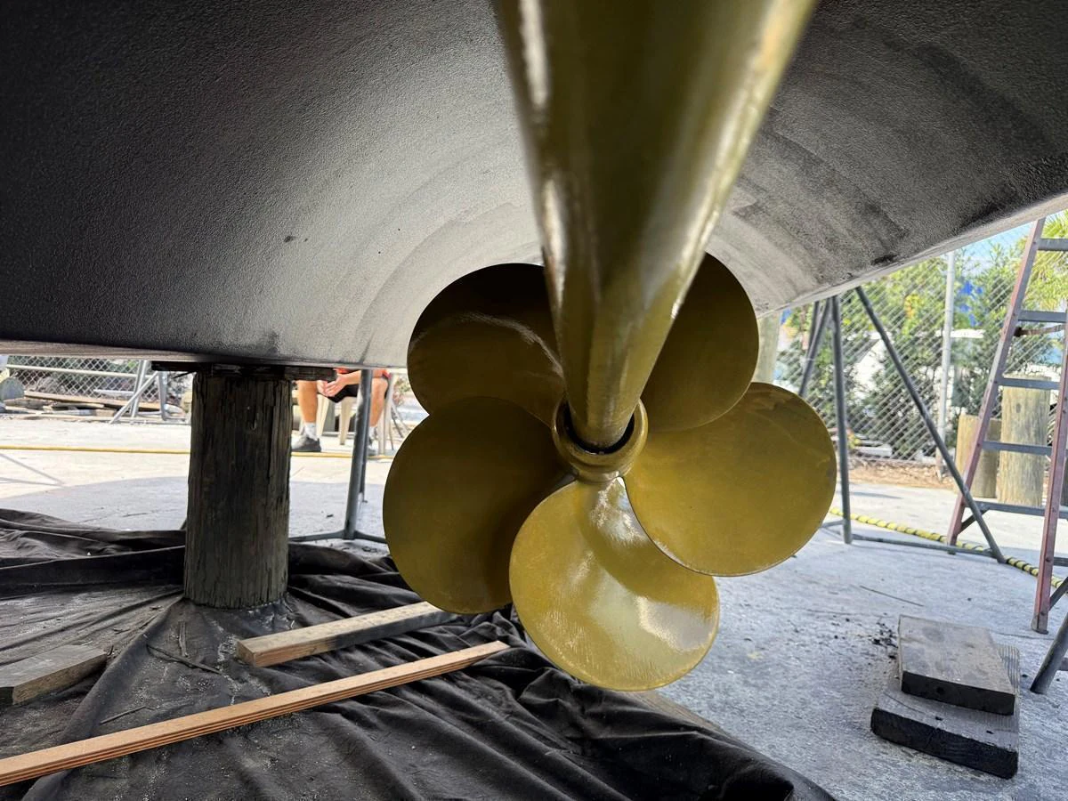 A close-up view of a yacht's propeller while it is on dry dock. aboard FANTASEA Yacht for Sale