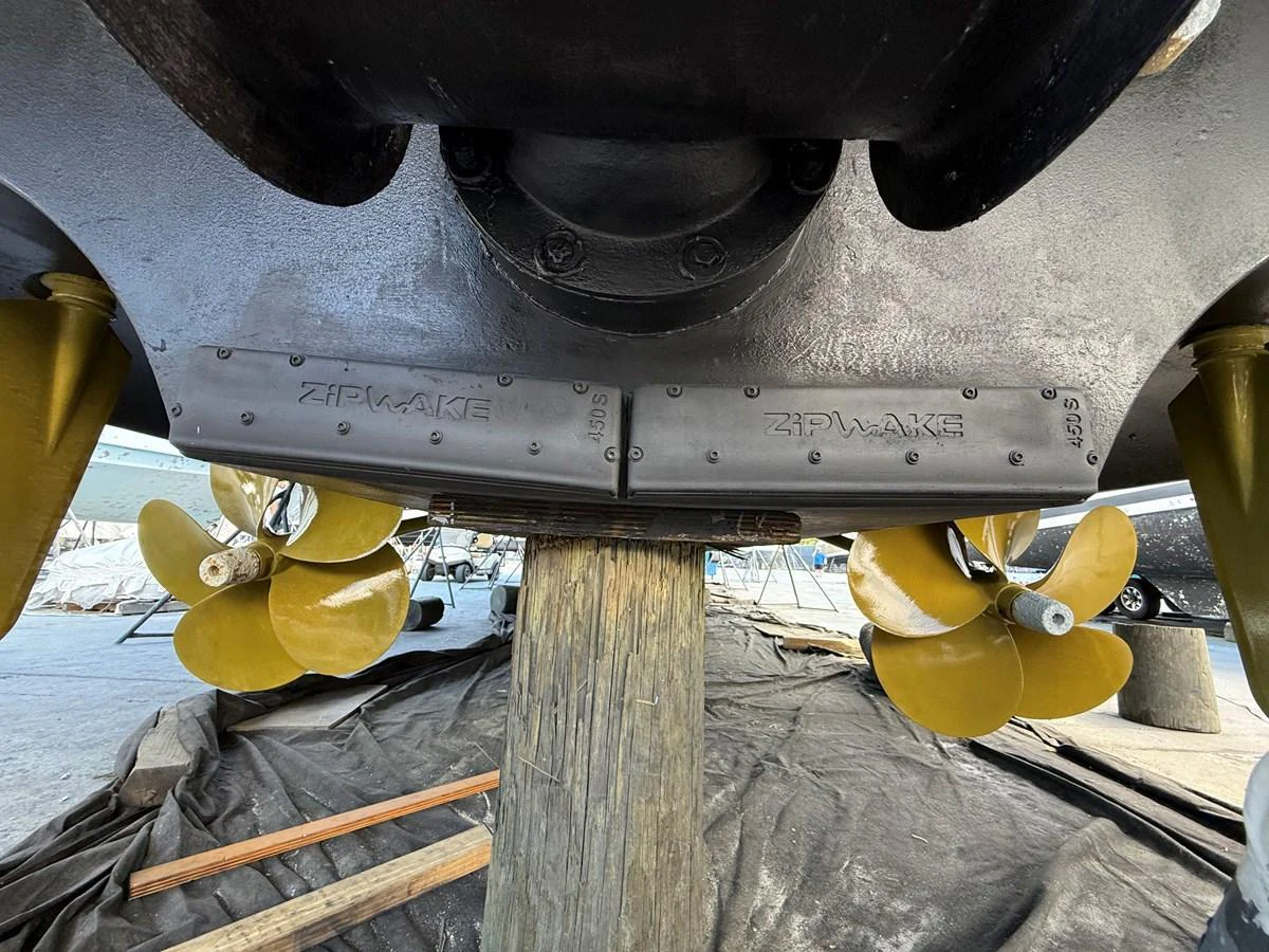 A close-up view of the yacht's propellers and underwater components, showcasing the engineering details. aboard FANTASEA Yacht for Sale