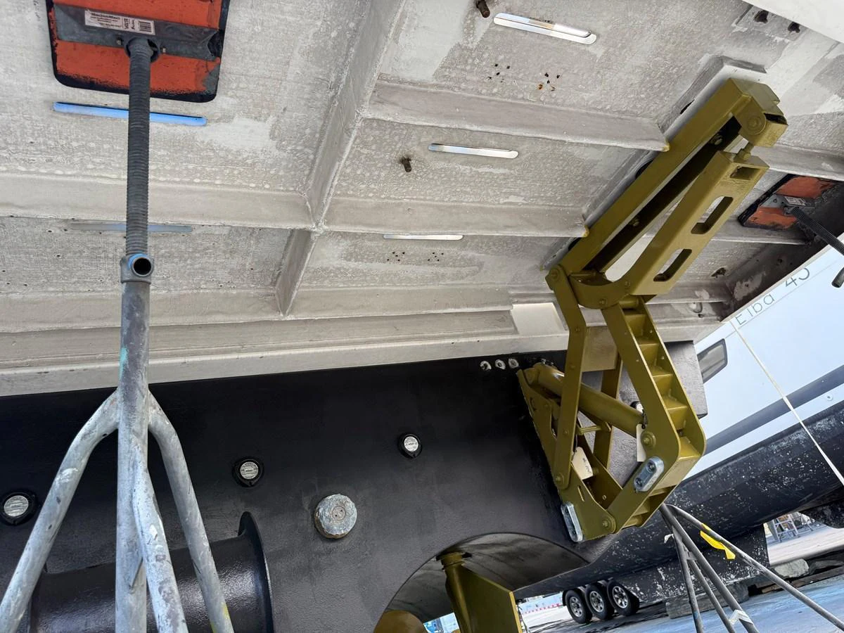 A close-up view of the yacht's hull and underwater components during maintenance. aboard FANTASEA Yacht for Sale
