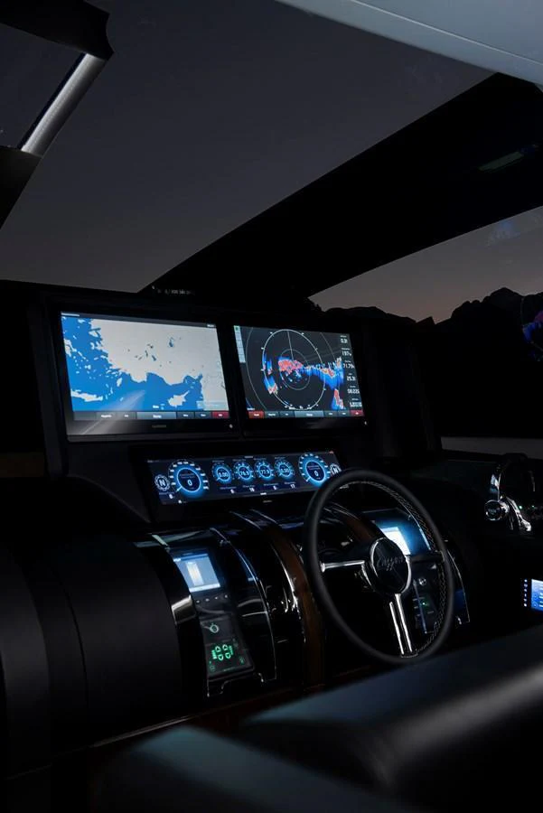 The helm station features advanced navigation displays and sophisticated controls. aboard NEW BUILD Yacht for Sale