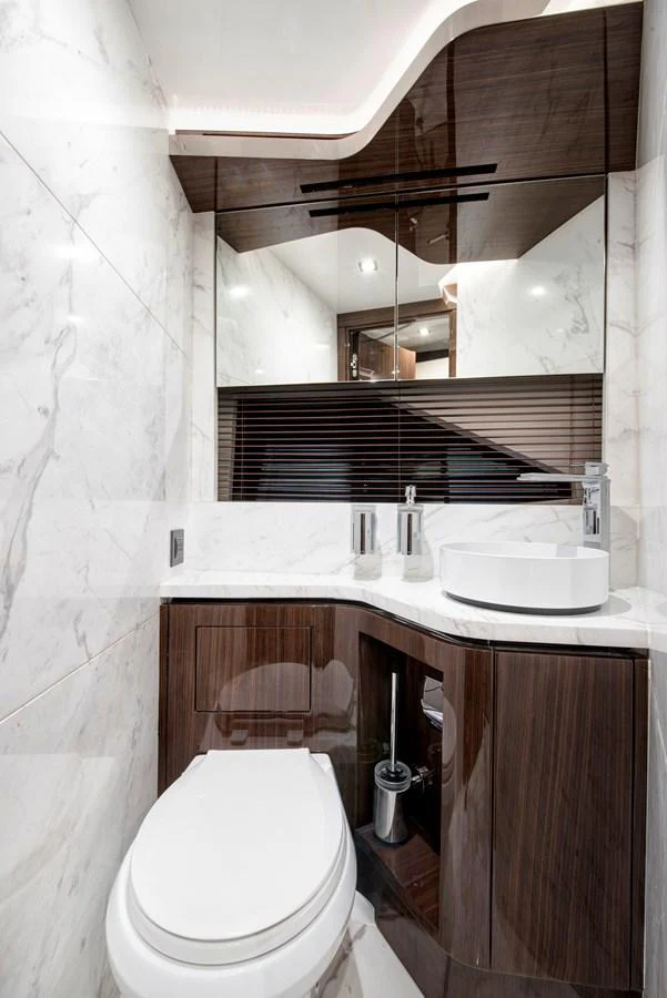 A sleek and modern yacht bathroom with luxurious finishes. aboard NEW BUILD Yacht for Sale