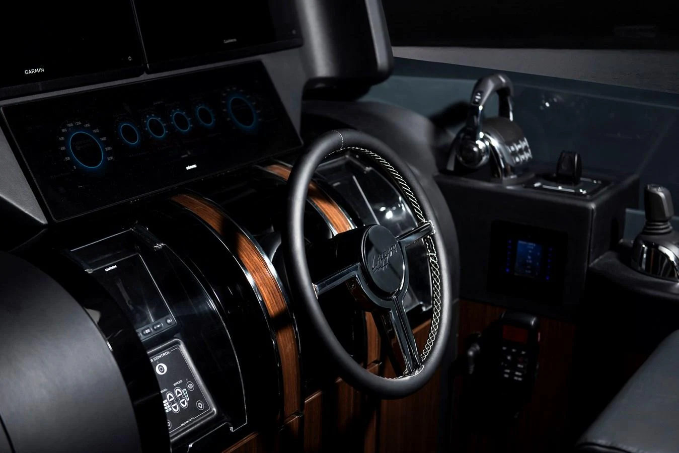 The helm features a sleek, modern design with advanced navigation controls and a polished steering wheel. aboard NEW BUILD Yacht for Sale