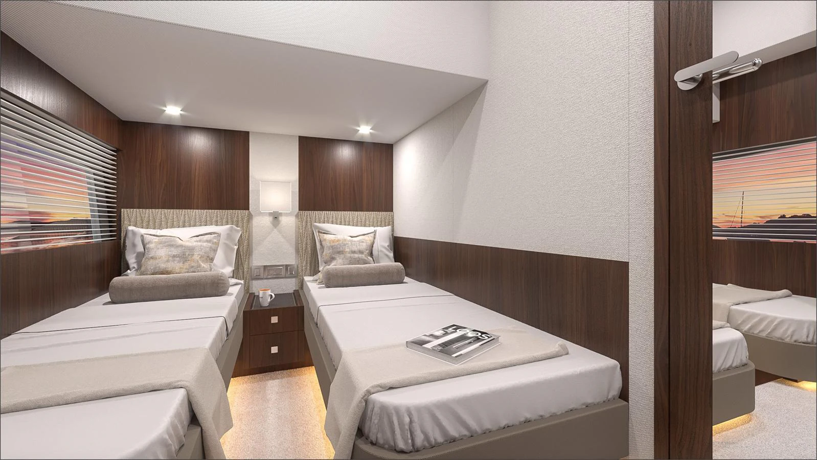 The guest cabin features twin beds with elegant bedding and modern lighting. aboard MONACHUS 70 ST Yacht for Sale