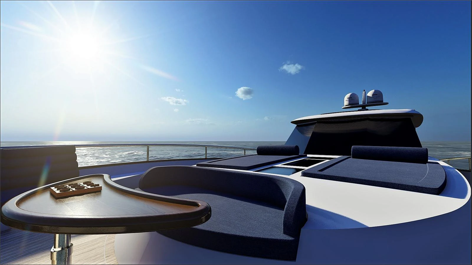 The yacht's foredeck features luxurious sun pads and a stylish table, perfect for relaxation under the sun. aboard MONACHUS 70 ST Yacht for Sale