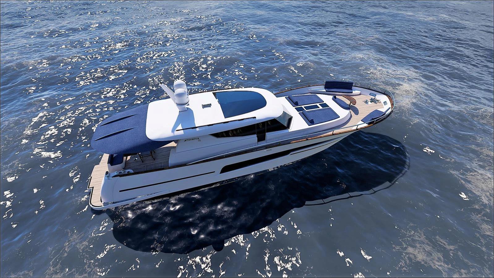 A sleek and modern yacht glides effortlessly over the water, showcasing its elegant design and luxurious amenities. aboard MONACHUS 70 ST Yacht for Sale