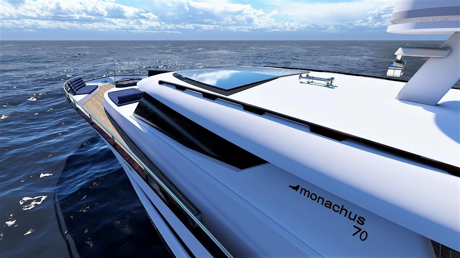 A sleek yacht cruising on the open sea under a clear sky. aboard MONACHUS 70 ST Yacht for Sale