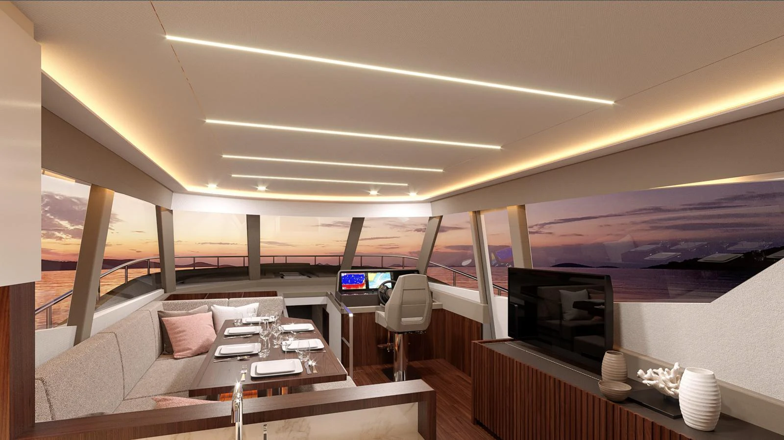 The yacht's salon features elegant seating, a dining area, and panoramic windows offering stunning views. aboard MONACHUS 70 ST Yacht for Sale