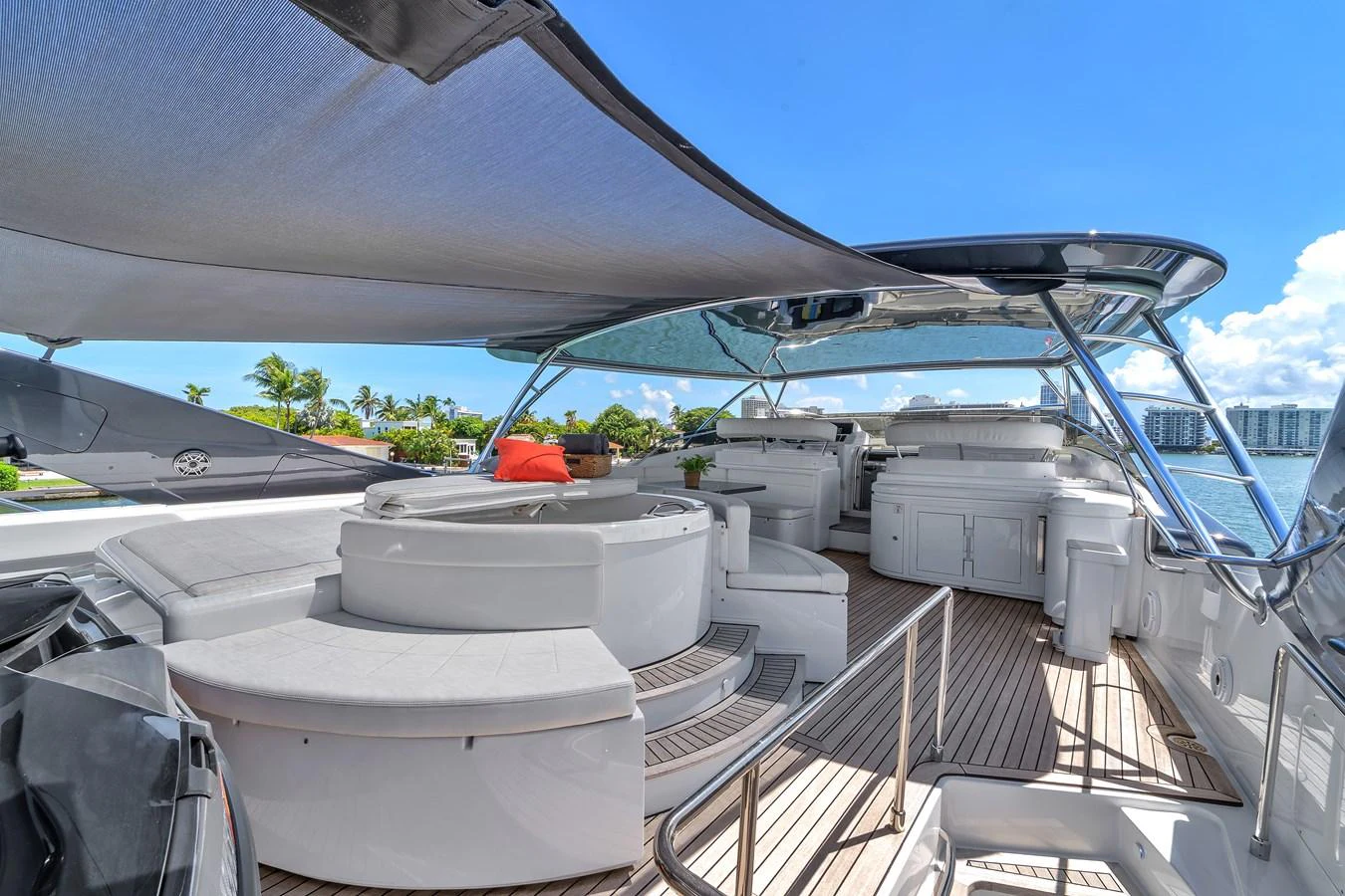 The flybridge offers a spacious and luxurious area for relaxation and entertainment with ample seating and a jacuzzi. aboard FERRETTI YACHTS CUSTOM LINE 94 Yacht for Sale