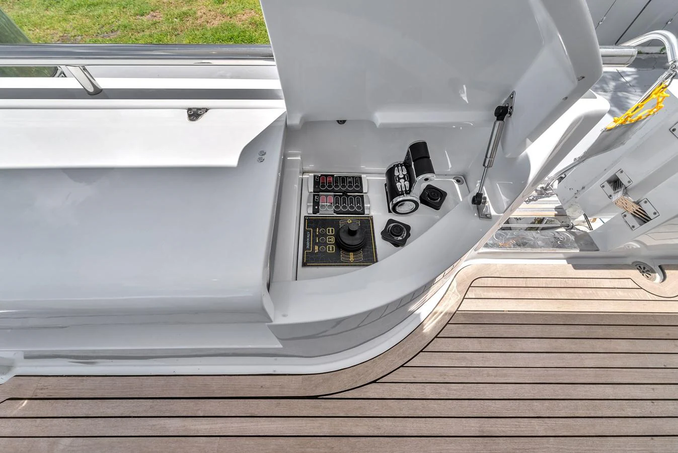 A detailed view of the yacht's control panel and equipment storage area. aboard FERRETTI YACHTS CUSTOM LINE 94 Yacht for Sale