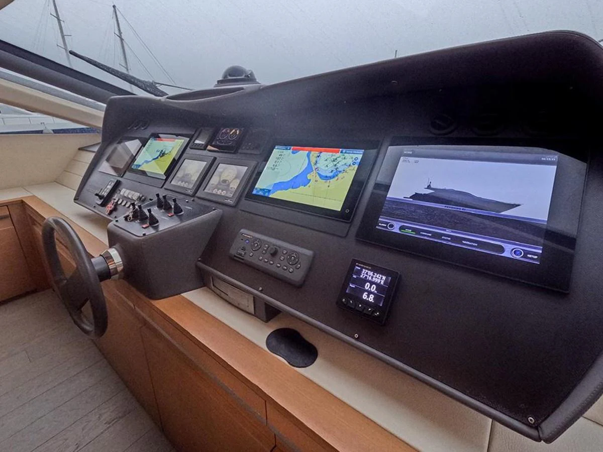 The helm station features advanced navigation and control systems for a seamless sailing experience. aboard HONEY BADGER Yacht for Sale