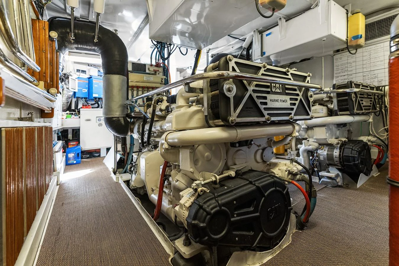 The engine room showcases powerful machinery and well-organized systems. aboard MI AMERE Yacht for Sale