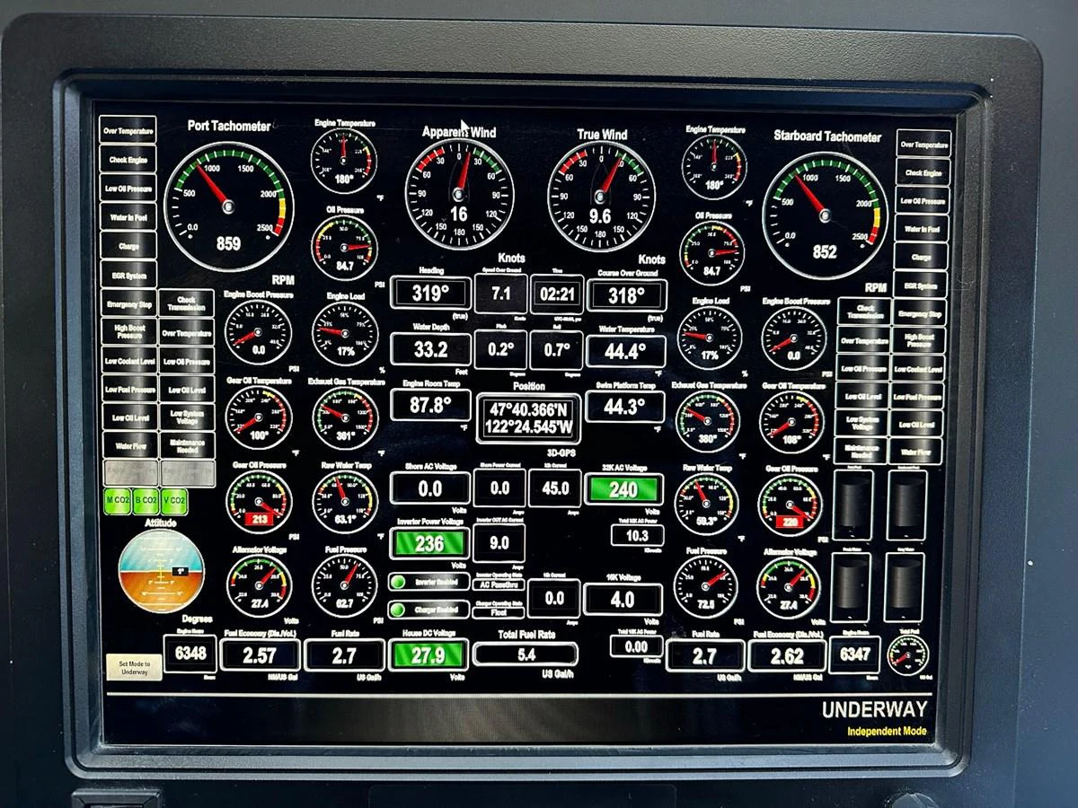 The image showcases a detailed view of the yacht's helm instrumentation panel, displaying various navigational and engine metrics. aboard MI AMERE Yacht for Sale