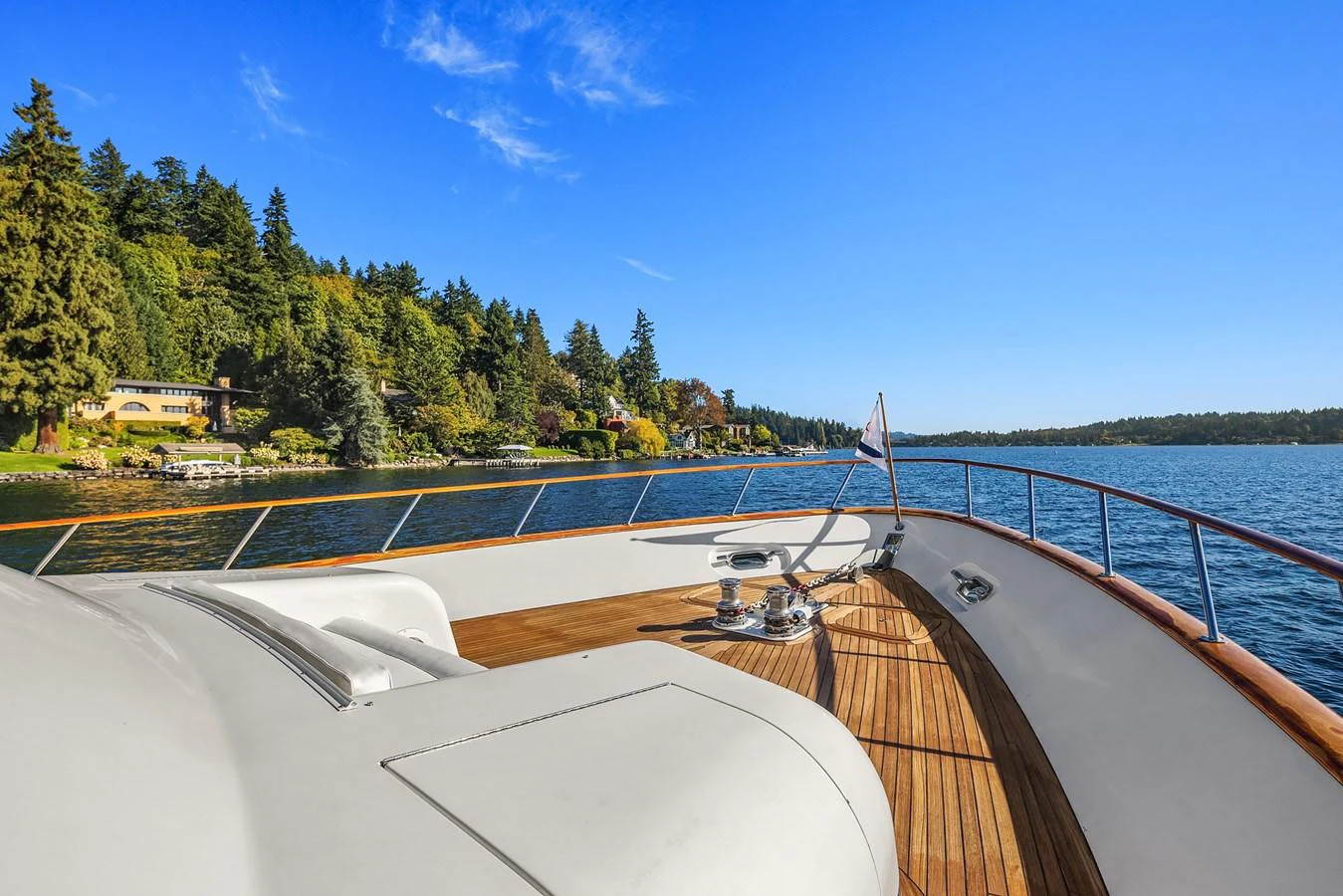 The yacht's foredeck offers a spacious and inviting area with stunning views of the surrounding water and landscape. aboard MI AMERE Yacht for Sale