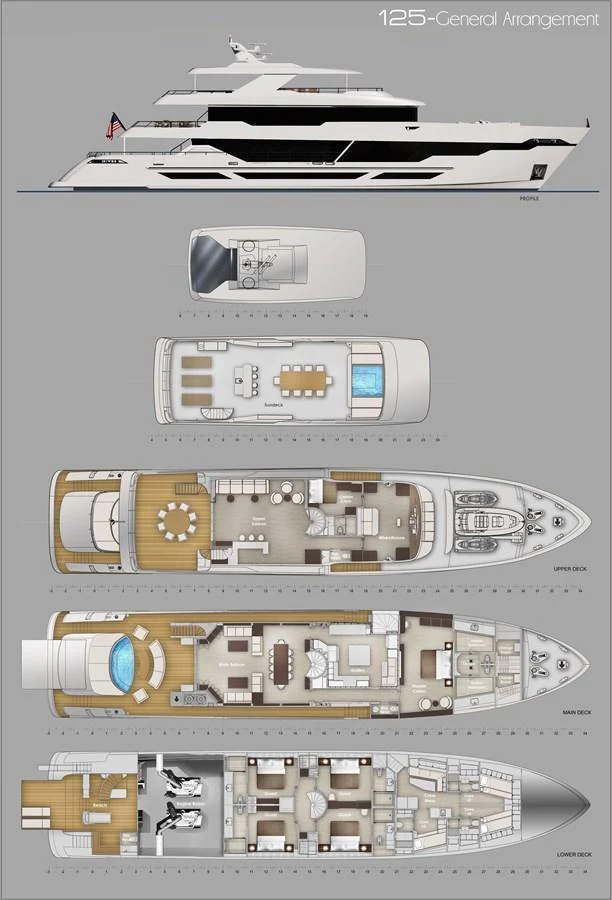 The image showcases the general arrangement of a luxury yacht, detailing multiple decks and their layouts. aboard E SERIES 125 HARGRAVE SUPERYACHTS Yacht for Sale