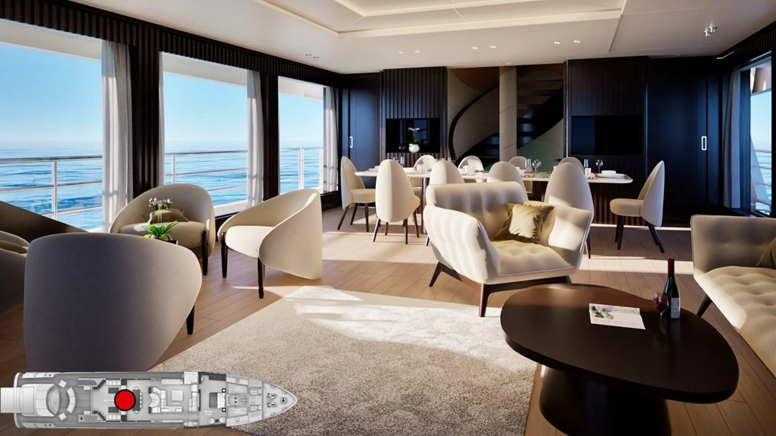 The salon offers a spacious and elegantly designed area with ample seating and panoramic ocean views. aboard E SERIES 125 HARGRAVE SUPERYACHTS Yacht for Sale