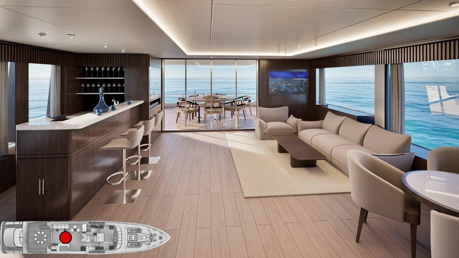 The salon features elegant seating, a bar area, and expansive ocean views through large windows. aboard E SERIES 125 HARGRAVE SUPERYACHTS Yacht for Sale