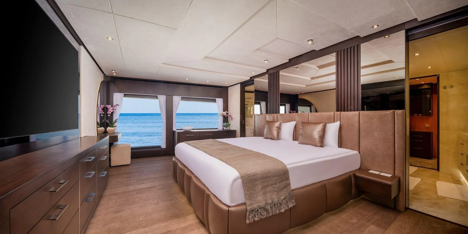 The master stateroom offers a spacious and luxurious retreat with panoramic ocean views. aboard E SERIES 125 HARGRAVE SUPERYACHTS Yacht for Sale