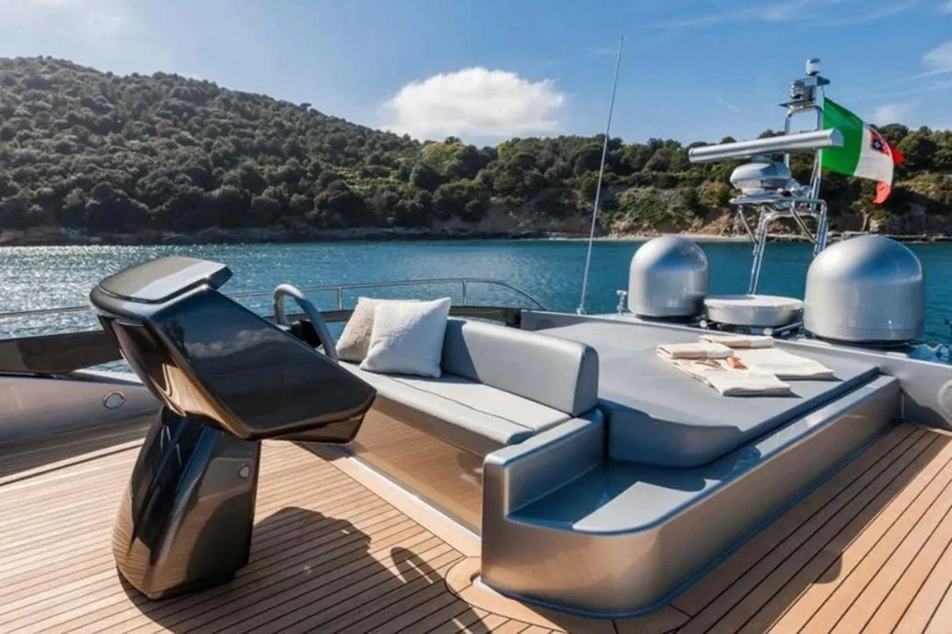 The flybridge offers a luxurious lounging area with scenic views of the surrounding waters. aboard ANTIOXIDANT Yacht for Sale