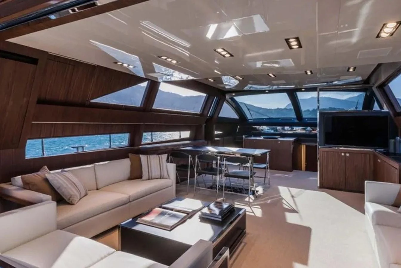 The salon features luxurious seating, modern decor, and expansive windows offering stunning views. aboard ANTIOXIDANT Yacht for Sale