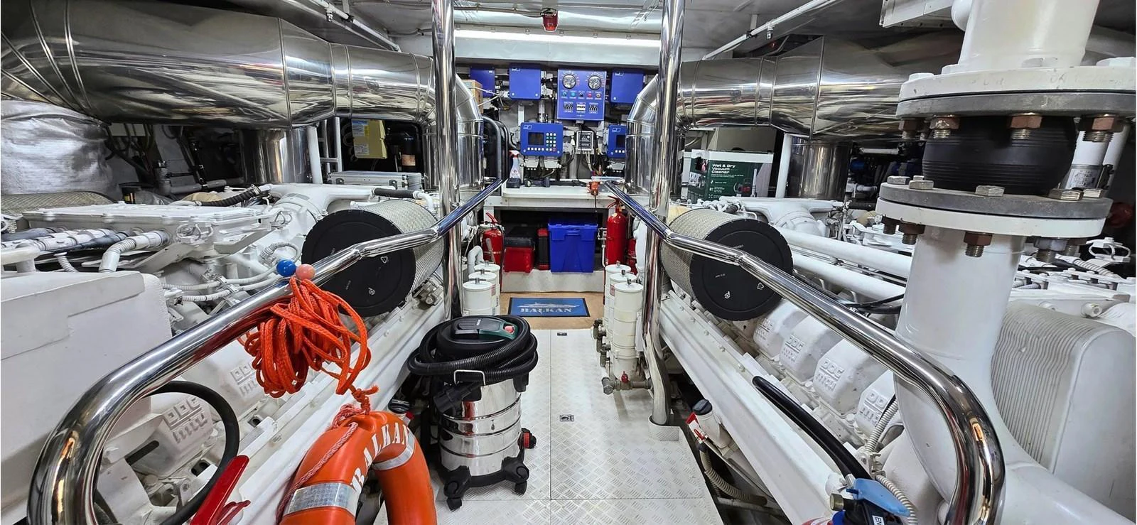 The engine room is meticulously organized, showcasing advanced machinery and equipment. aboard BALKAN Yacht for Sale