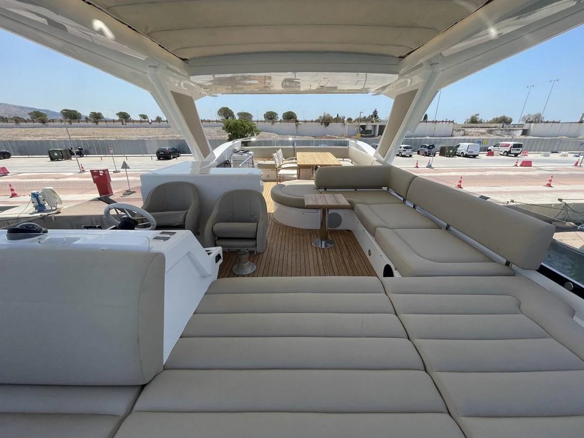 The flybridge offers a spacious and comfortable lounging area with ample seating and a helm station. aboard "BISHWISH" Yacht for Sale