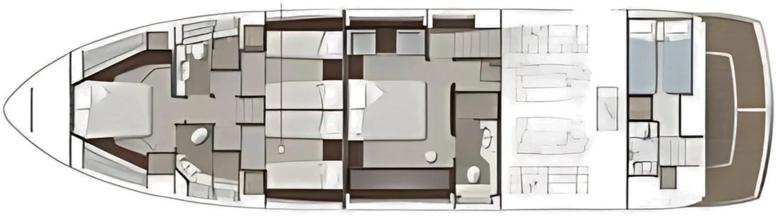 This image shows a detailed deck plan of the yacht, highlighting various rooms and areas. aboard "BISHWISH" Yacht for Sale