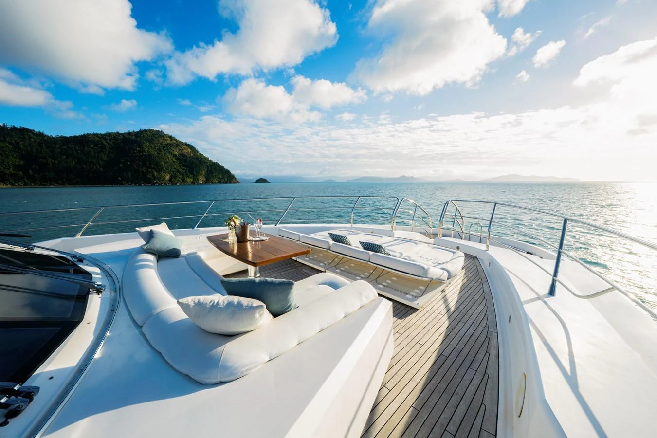 The foredeck offers a luxurious lounging area with stunning ocean views. aboard RASCAL Yacht for Sale