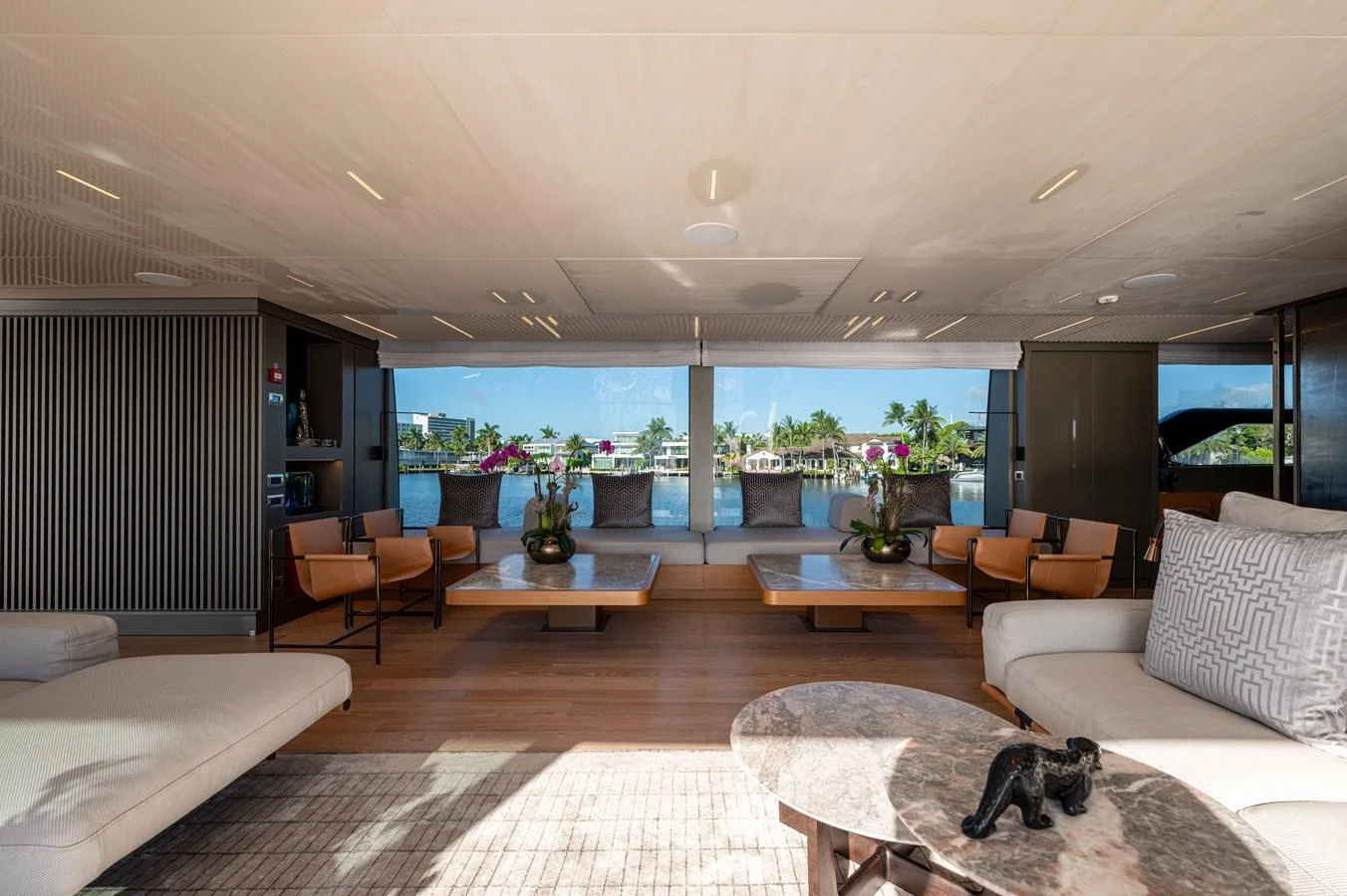 a large living room with a large balcony aboard SANLORENZO SL120/778 Yacht for Sale