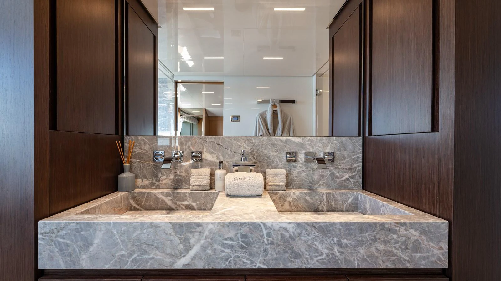 a bathroom with marble counter tops aboard SANLORENZO SL120/778 Yacht for Sale