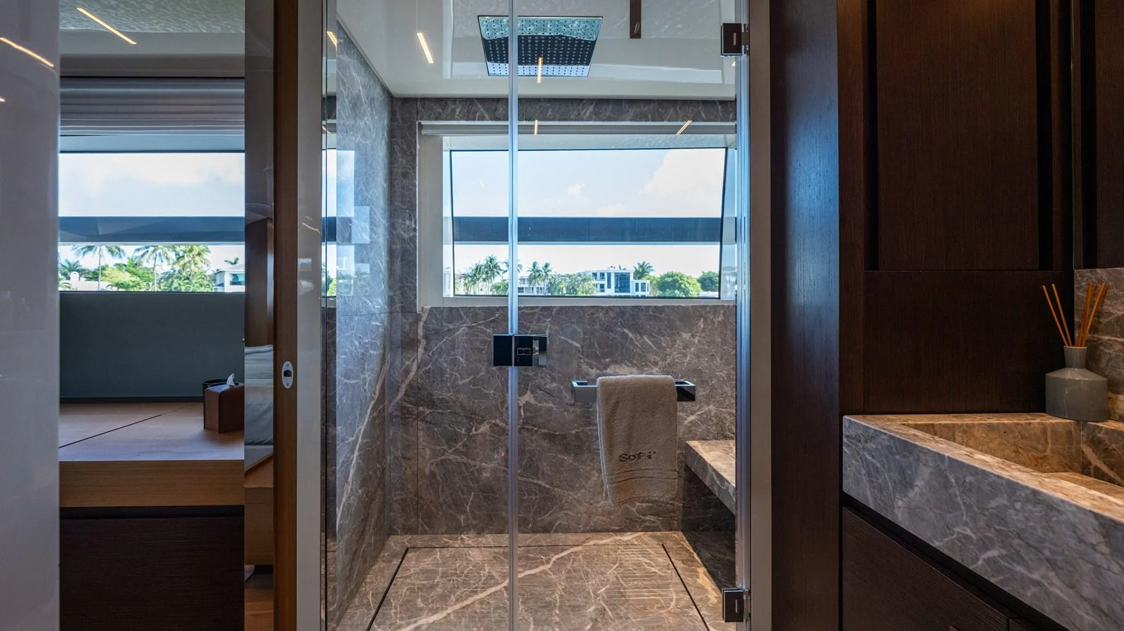 a bathroom with a shower aboard SANLORENZO SL120/778 Yacht for Sale