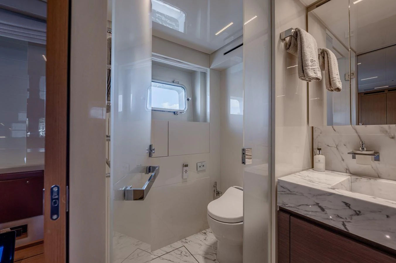 a bathroom with a standup shower aboard SANLORENZO SL120/778 Yacht for Sale