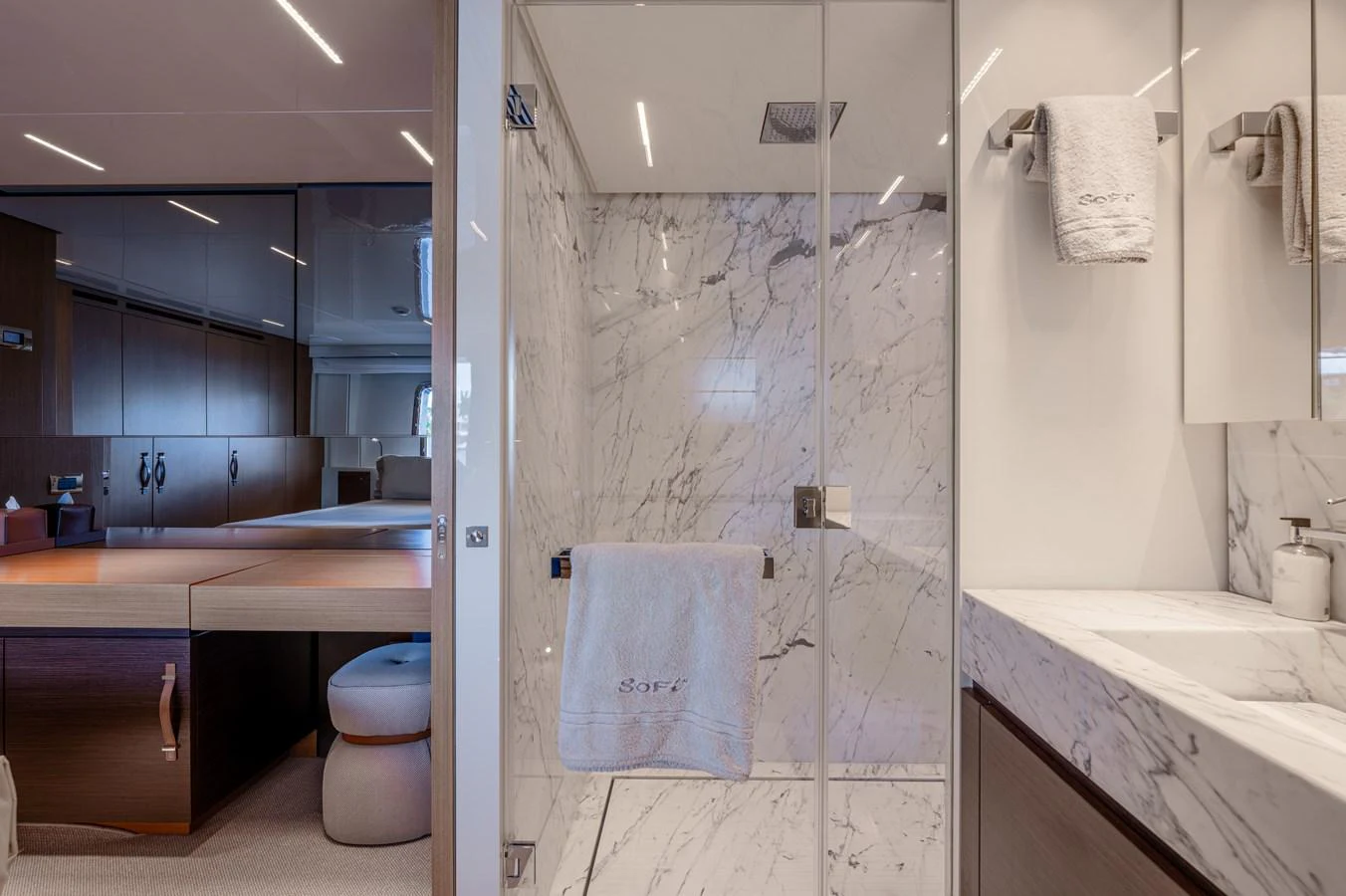 a bathroom with a glass shower aboard SANLORENZO SL120/778 Yacht for Sale