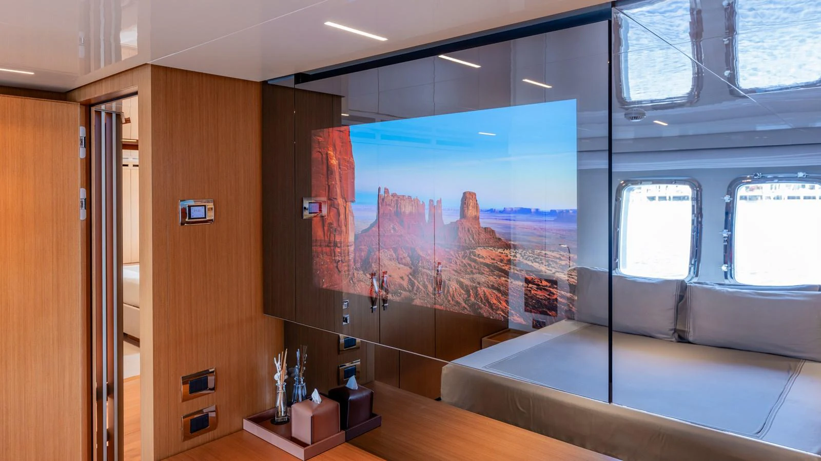 a room with a large window aboard SANLORENZO SL120/778 Yacht for Sale