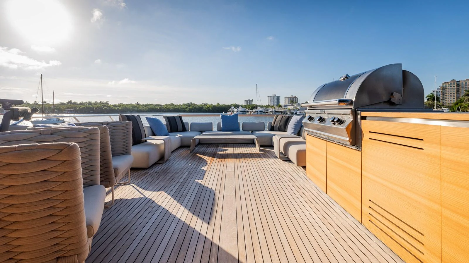 a deck with a large grill aboard SANLORENZO SL120/778 Yacht for Sale