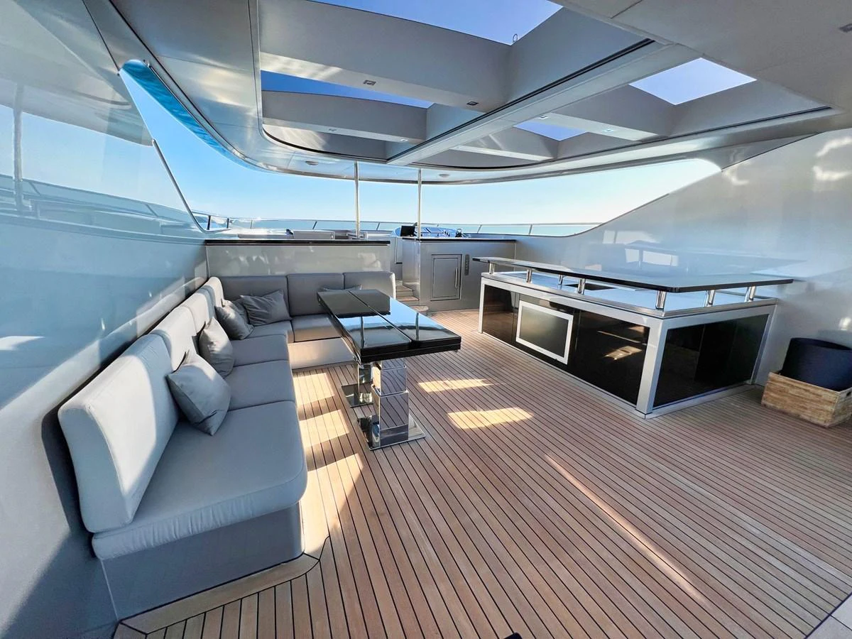 The sundeck features comfortable seating and a spacious layout for relaxation and entertainment. aboard SMOOTH OPERATOR Yacht for Sale