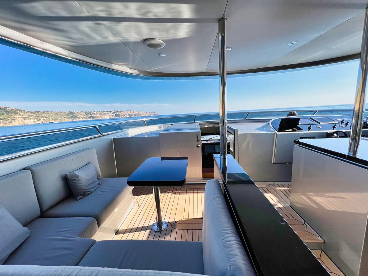 The flybridge offers a spacious and comfortable seating area with stunning ocean views. aboard SMOOTH OPERATOR Yacht for Sale