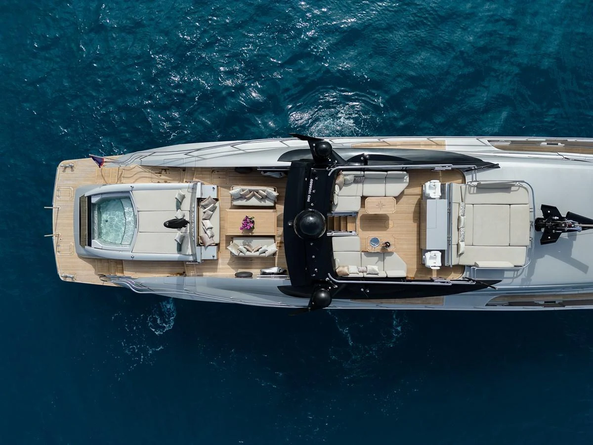 The sundeck offers luxurious lounging areas and a jacuzzi, perfect for relaxation. aboard BAGHEERA Yacht for Sale