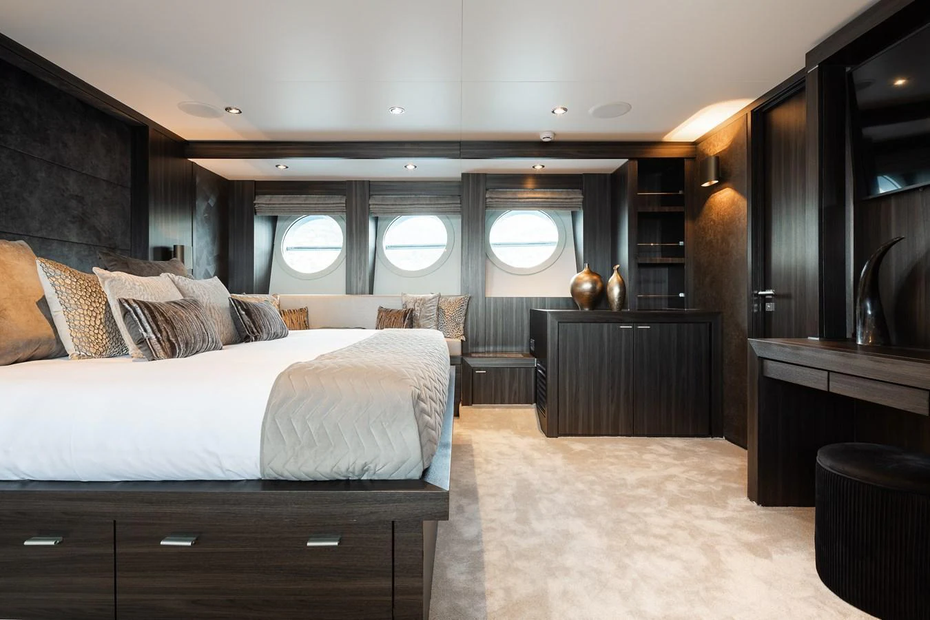 The master stateroom exudes luxury with its spacious layout, plush bedding, and elegant decor. aboard BAGHEERA Yacht for Sale