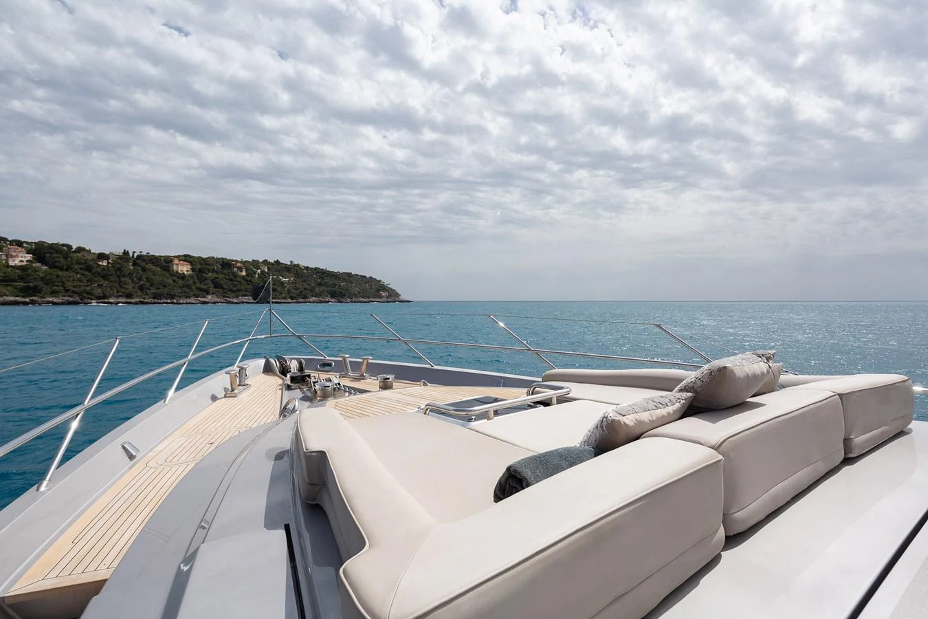 The foredeck offers a luxurious sunbathing area with plush cushions and stunning sea views. aboard BAGHEERA Yacht for Sale