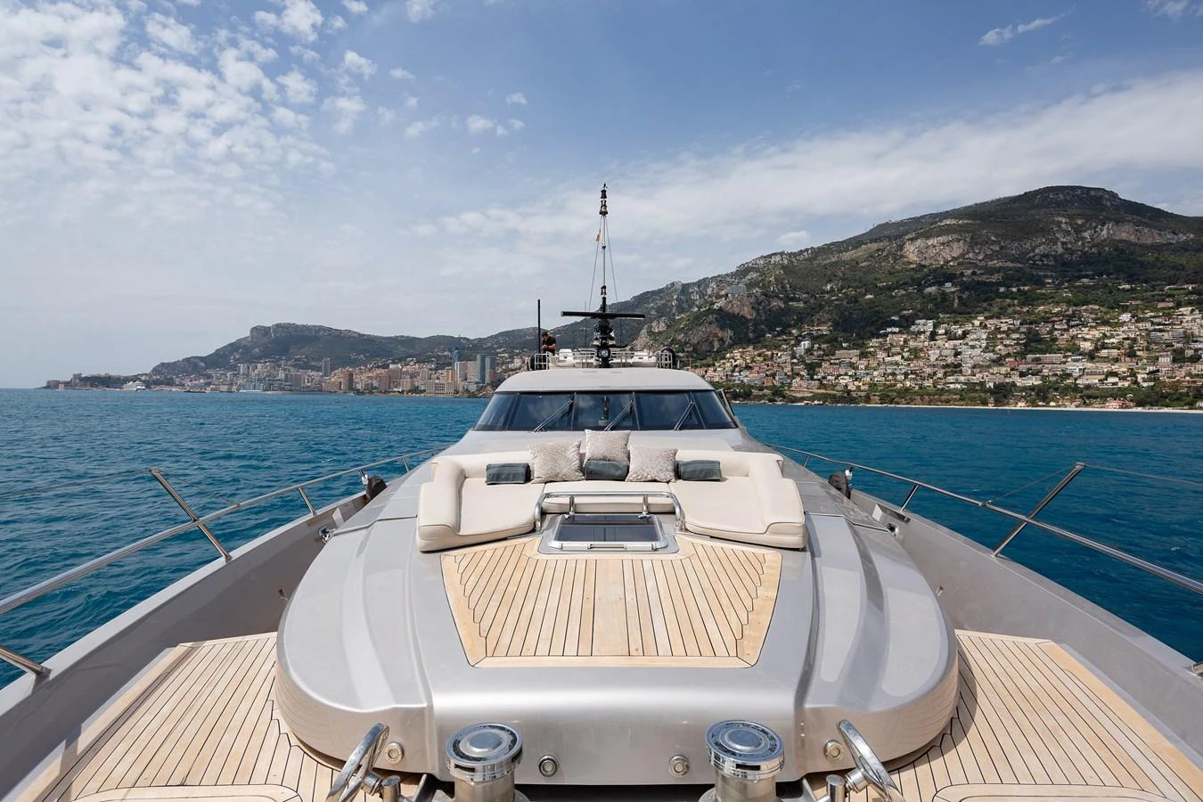 The yacht's foredeck offers a spacious sunbathing area with stunning views of the coastline. aboard BAGHEERA Yacht for Sale