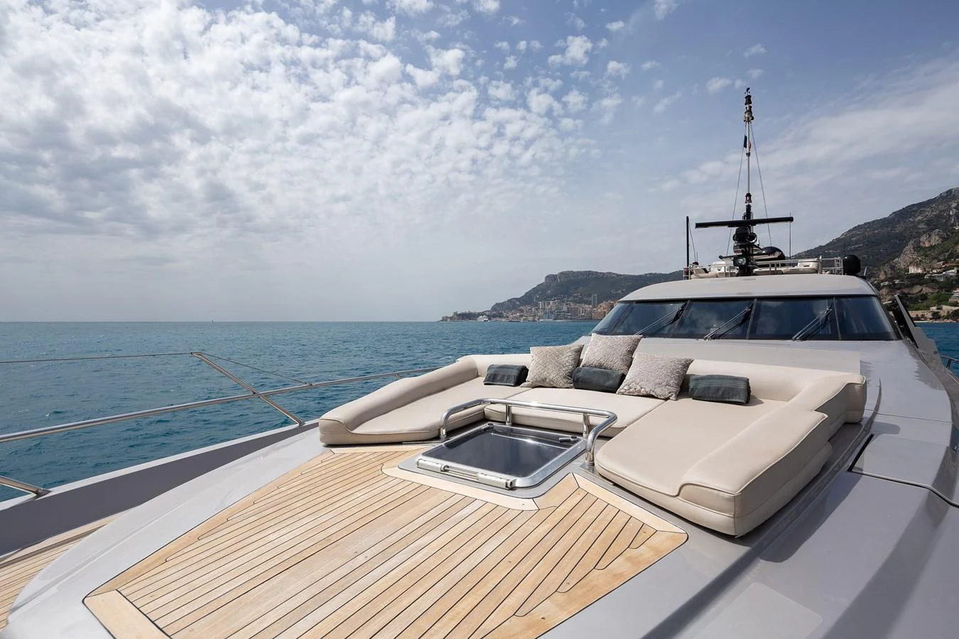 The yacht's foredeck features luxurious sun pads and a sleek design, perfect for relaxation. aboard BAGHEERA Yacht for Sale