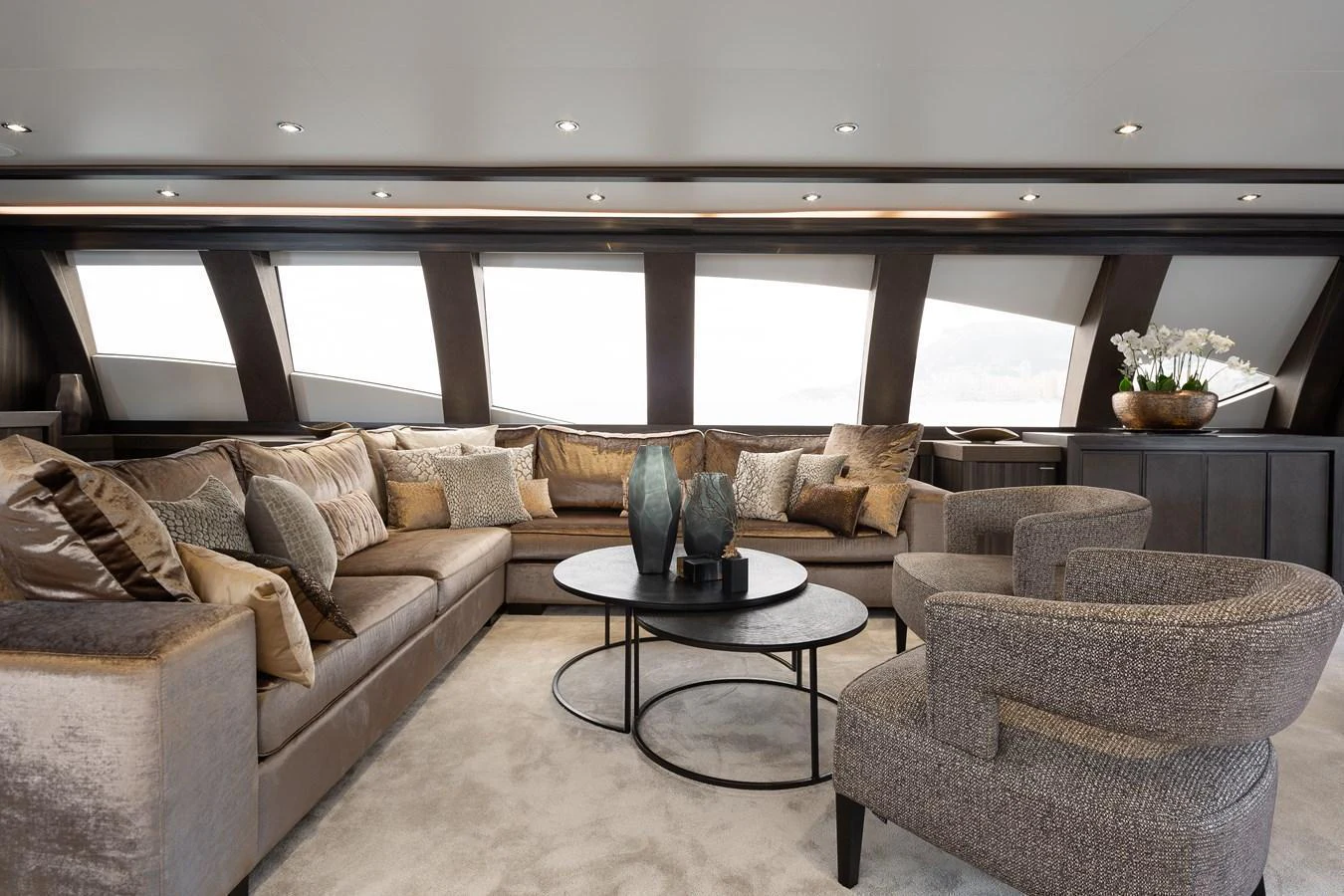 The salon features plush seating and elegant decor, creating a luxurious and inviting atmosphere. aboard BAGHEERA Yacht for Sale