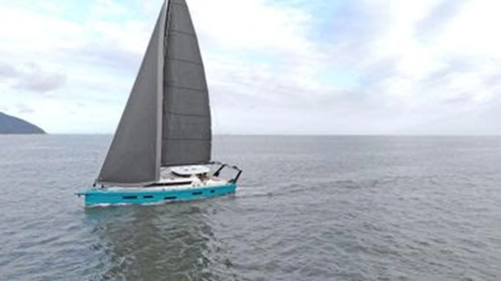 A sleek yacht with a black sail glides gracefully on open waters under a partly cloudy sky. aboard 2025 MCP GLOBAL EXP 68 Yacht for Sale