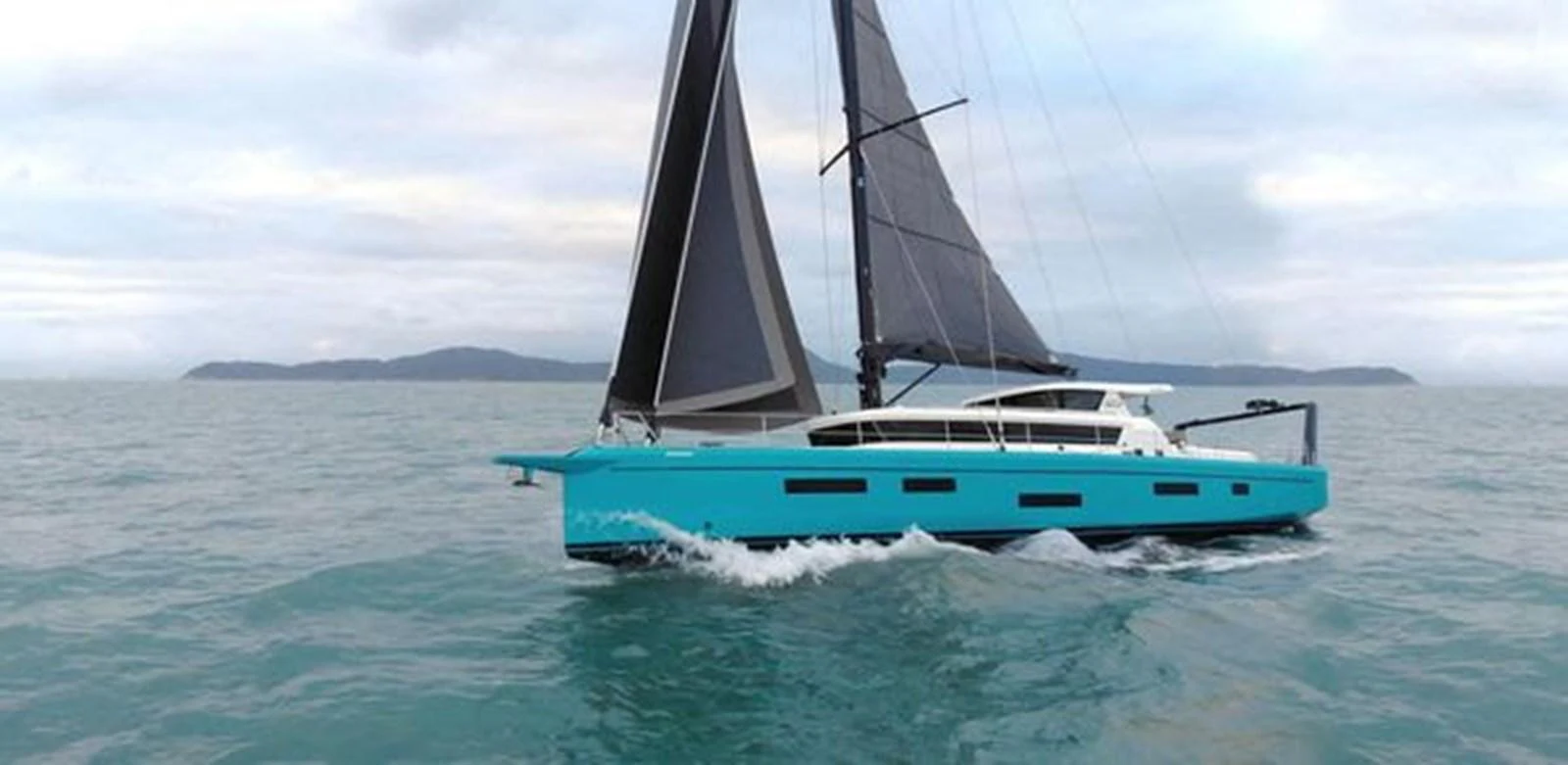 A sleek, modern sailing yacht glides gracefully on calm waters with a striking turquoise hull and dark sails. aboard 2025 MCP GLOBAL EXP 68 Yacht for Sale